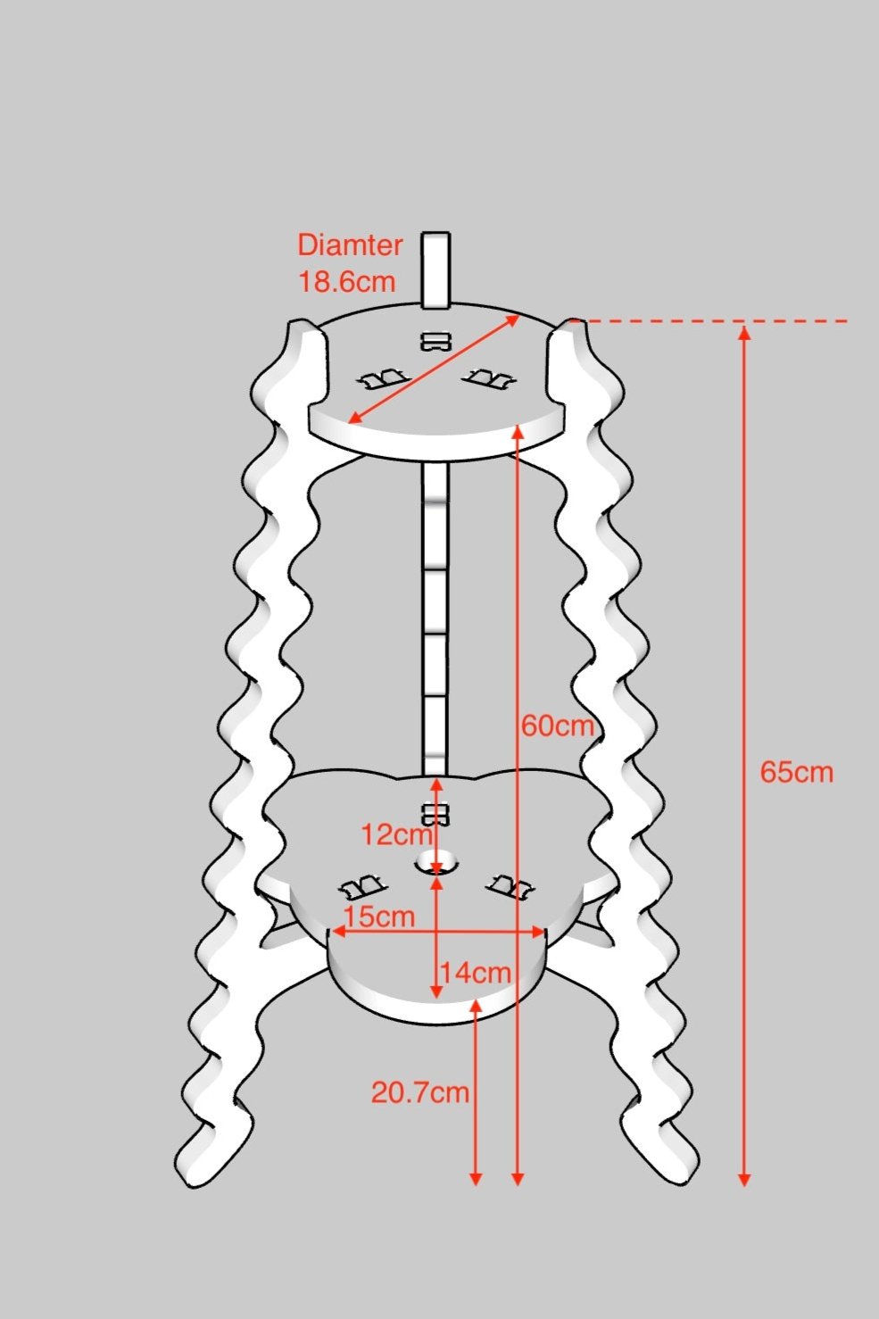 A Diagram of a Xigglie Two-Up Plant Stand, with dimensions noted.