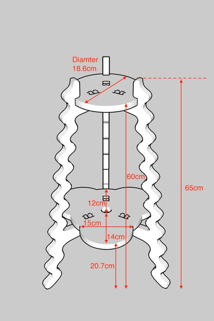A Diagram of a Xigglie Two-Up Plant Stand, with dimensions noted.