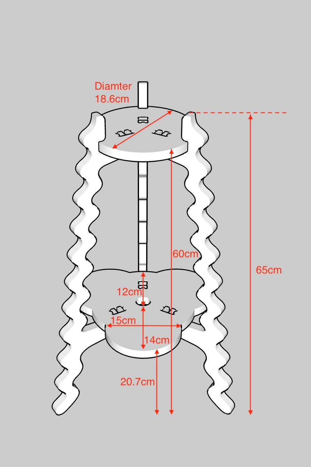 A Diagram of a Xigglie Two-Up Plant Stand with dimensions noted.