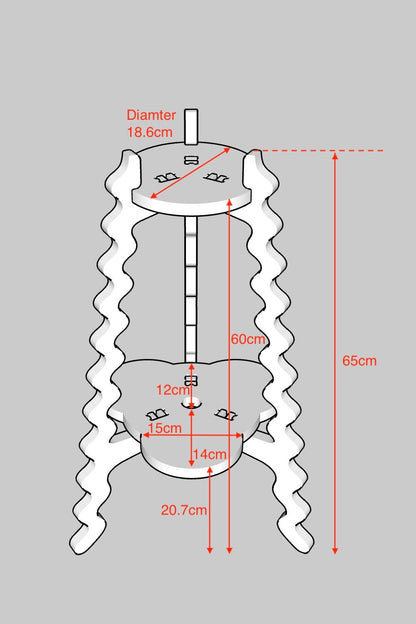 A Diagram of a Xigglie Two-Up Plant Stand with dimensions noted.