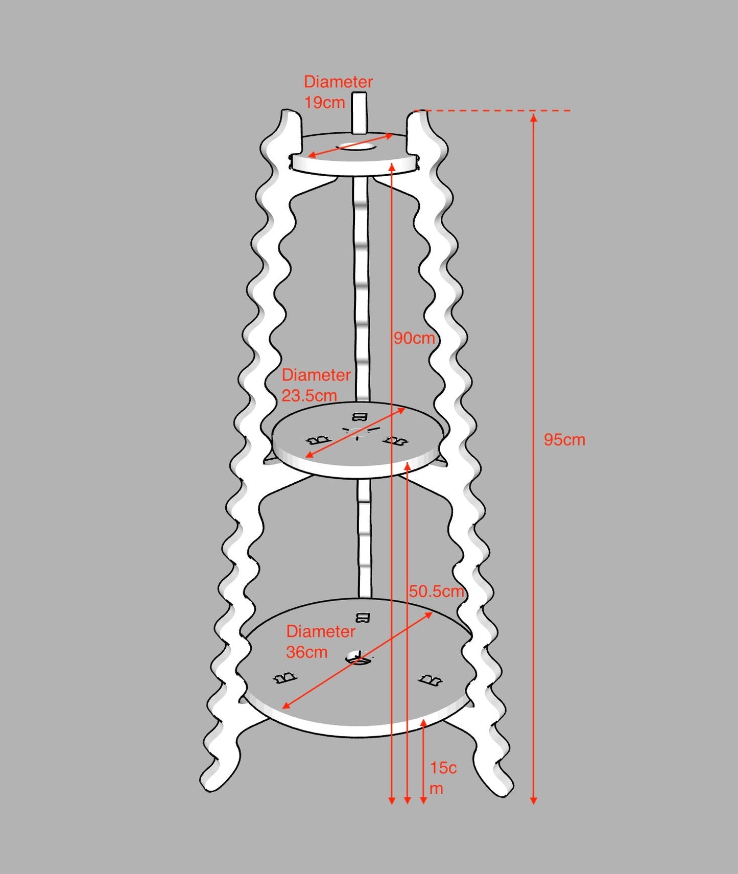A Diagram of a Xigglie Threezy Plant Stand with dimensions noted