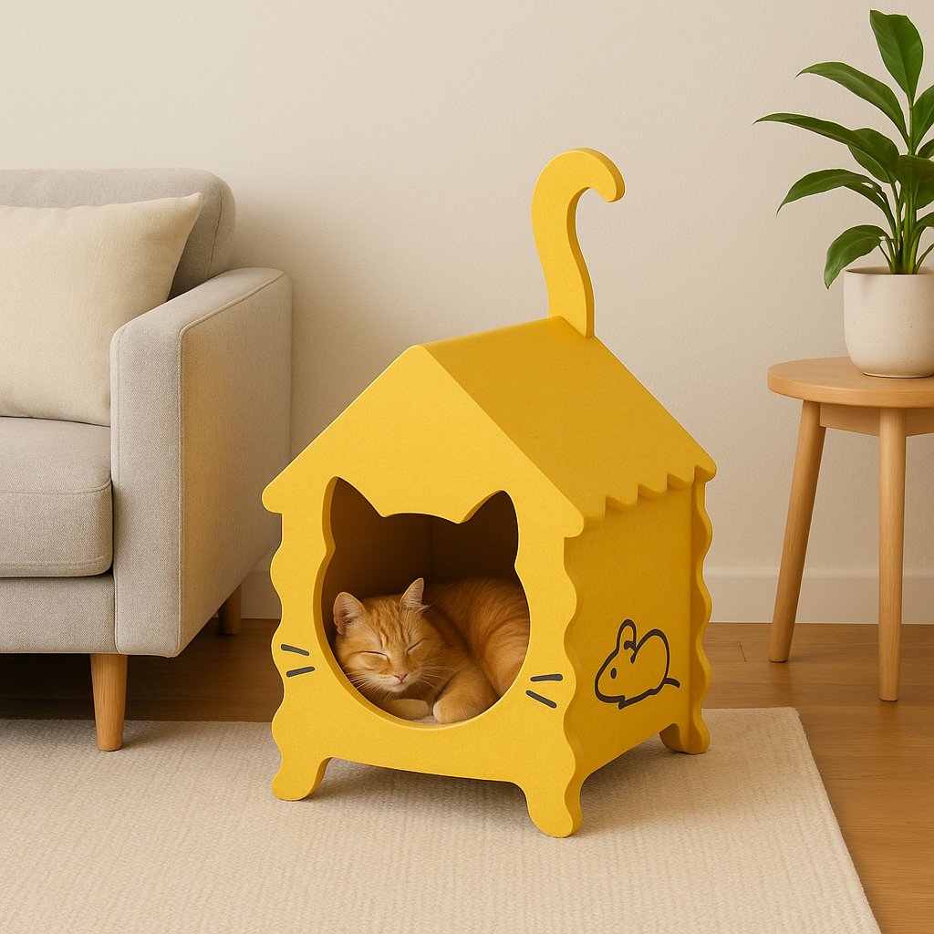 Yellow cat-shaped pet bed with a Xigglie style with a cat inside in a living room setting. 