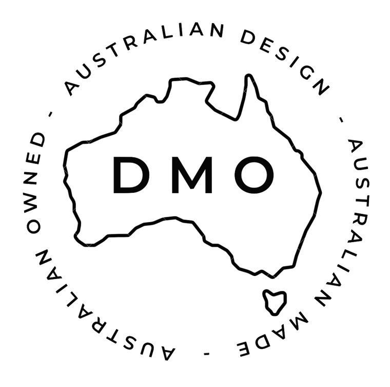 Australian Design, Australian Made, Australian Owned Logo - showing letters DMO inside an outline of Australia, with text in circle around.