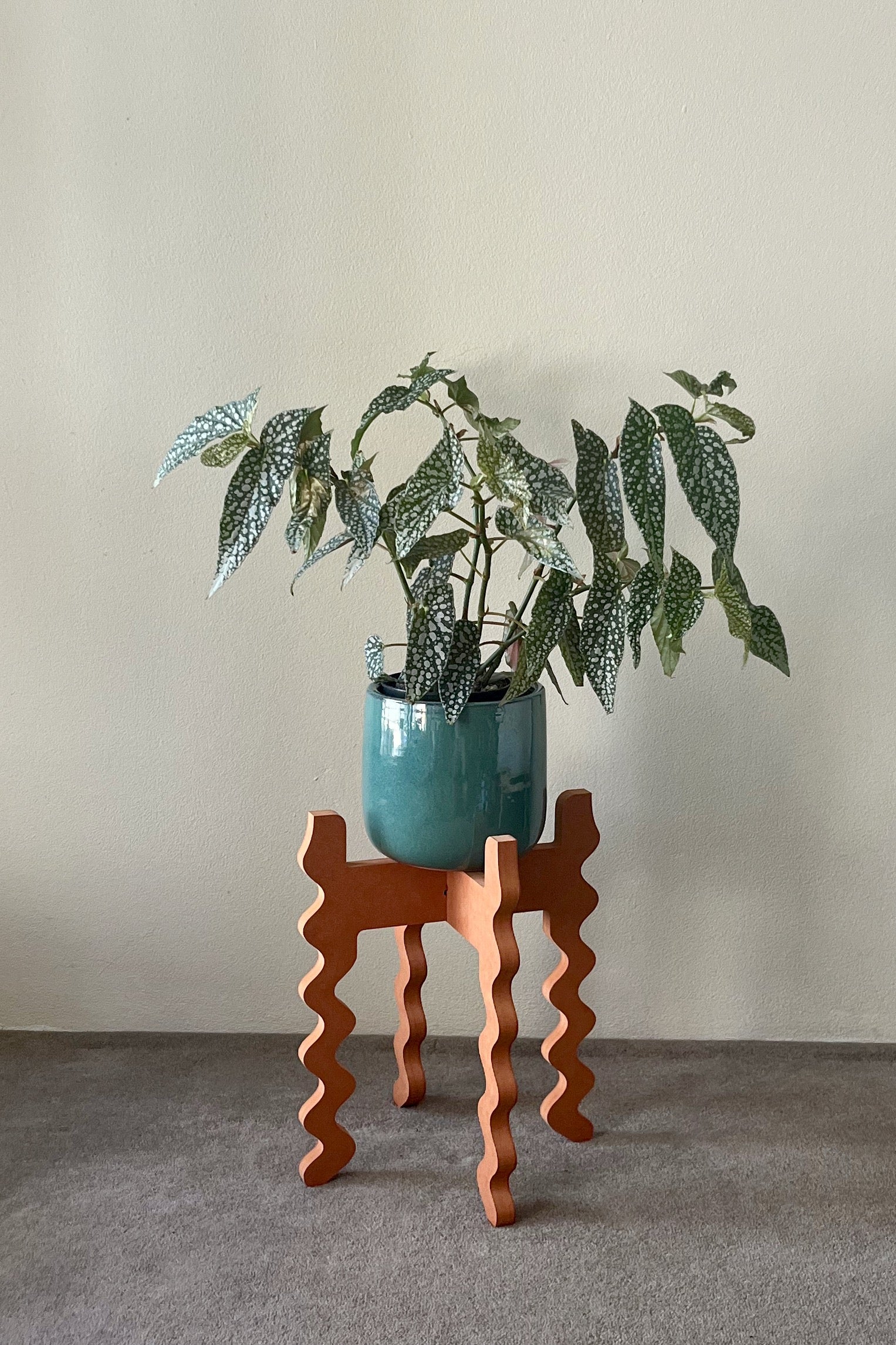 Potted plant on an orange wavy Xigglie Mango Middie Skinny Plant Stand against a plain wall