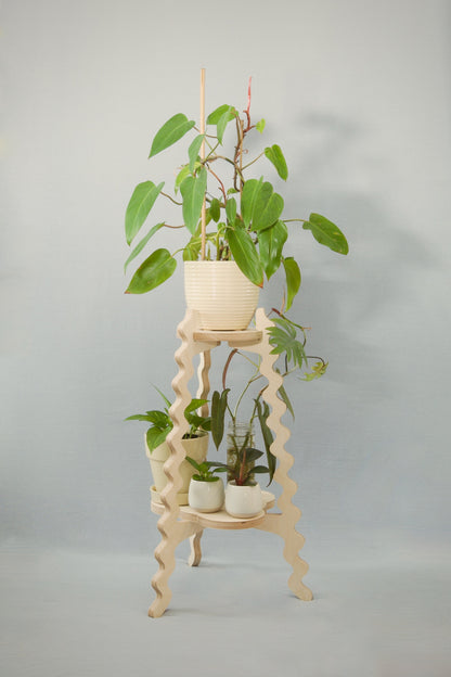 A Xigglie Birch Two-Up Plant Stand. Australian designed and made in FSC Birch Plywood, supporting plants in ceramic pots.