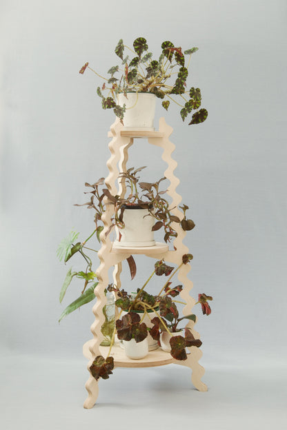 A Xigglie Birch Threezy Plant Stand. Australian designed and made in FSC Birch Plywood, 3 tiers supporting plants in ceramic pots.