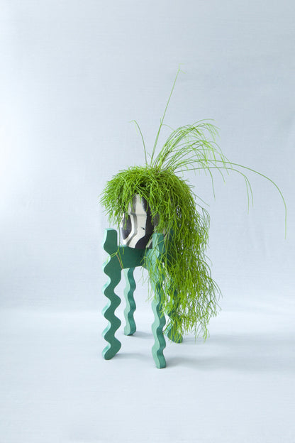 A Xigglie Sage Middie Skinny Plant Stand. Australian designed and made in green moisture-resistant MDF, supporting plant in black & white pot.