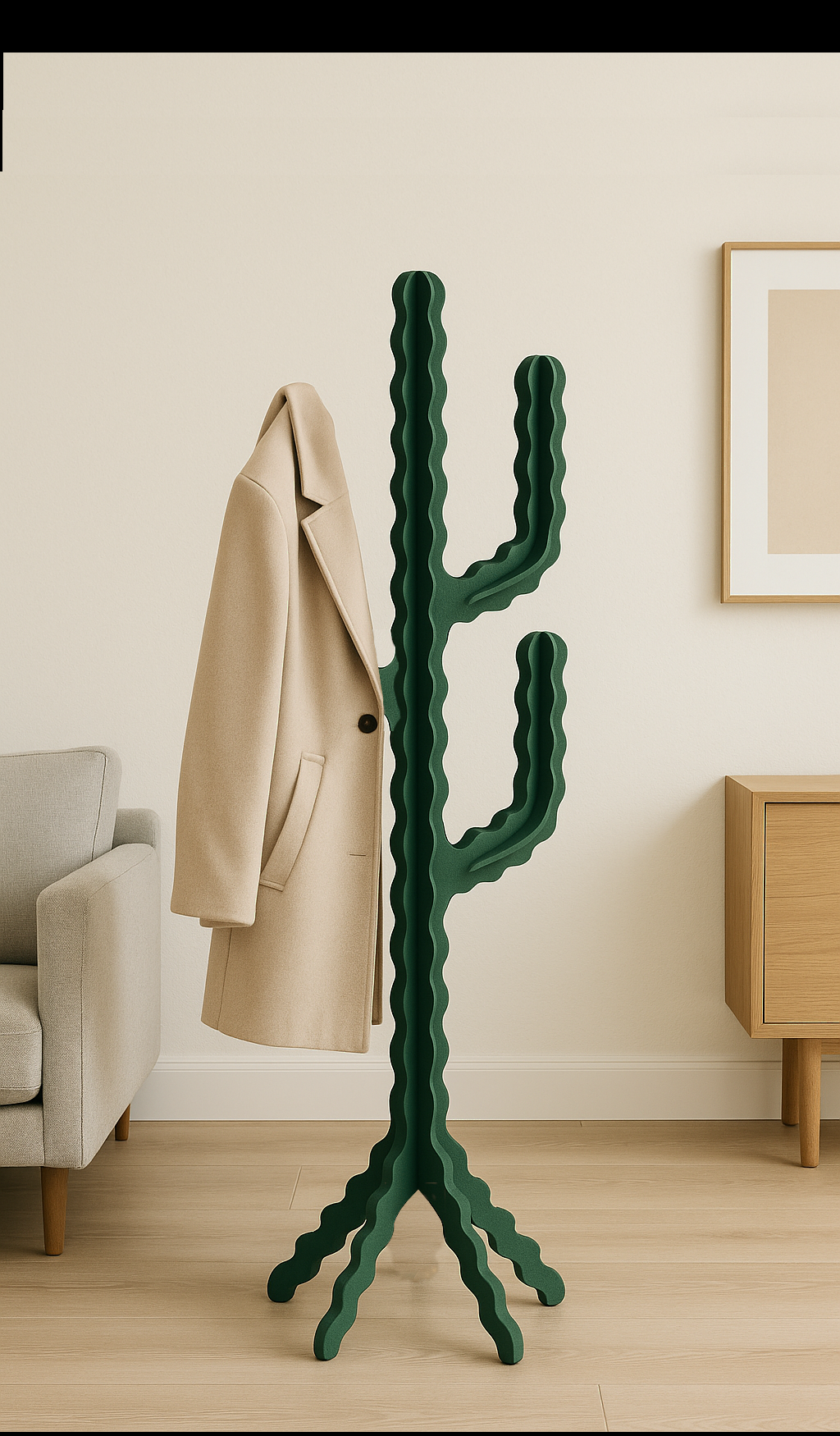 Green cactus-shaped coat stand with Xigglie edge design with a beige coat in a living room setting.